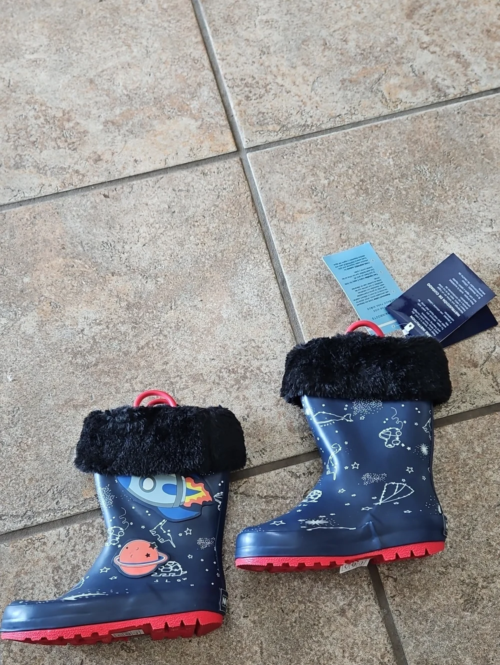 Nova Kids Space Rocket Rain Boots with Faux Fur Cuff - Navy & Red